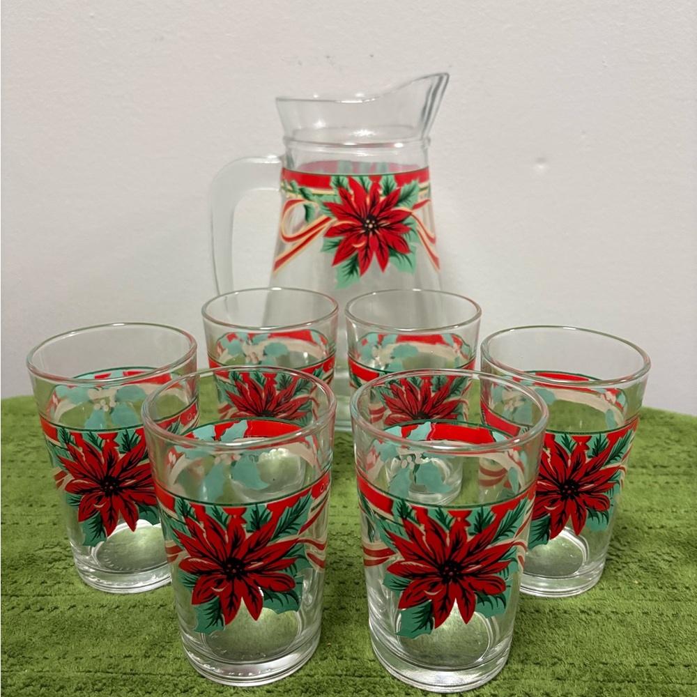 Poinsettia Glass Pitcher and Tumbler Set (with original box)